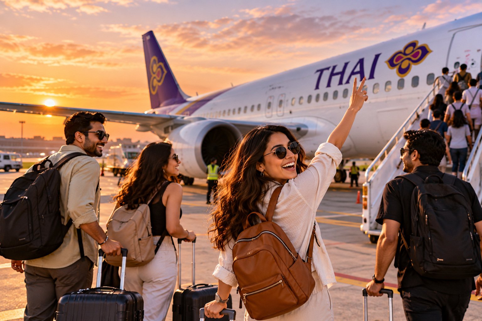 Passenger aircraft on the runway at sunset