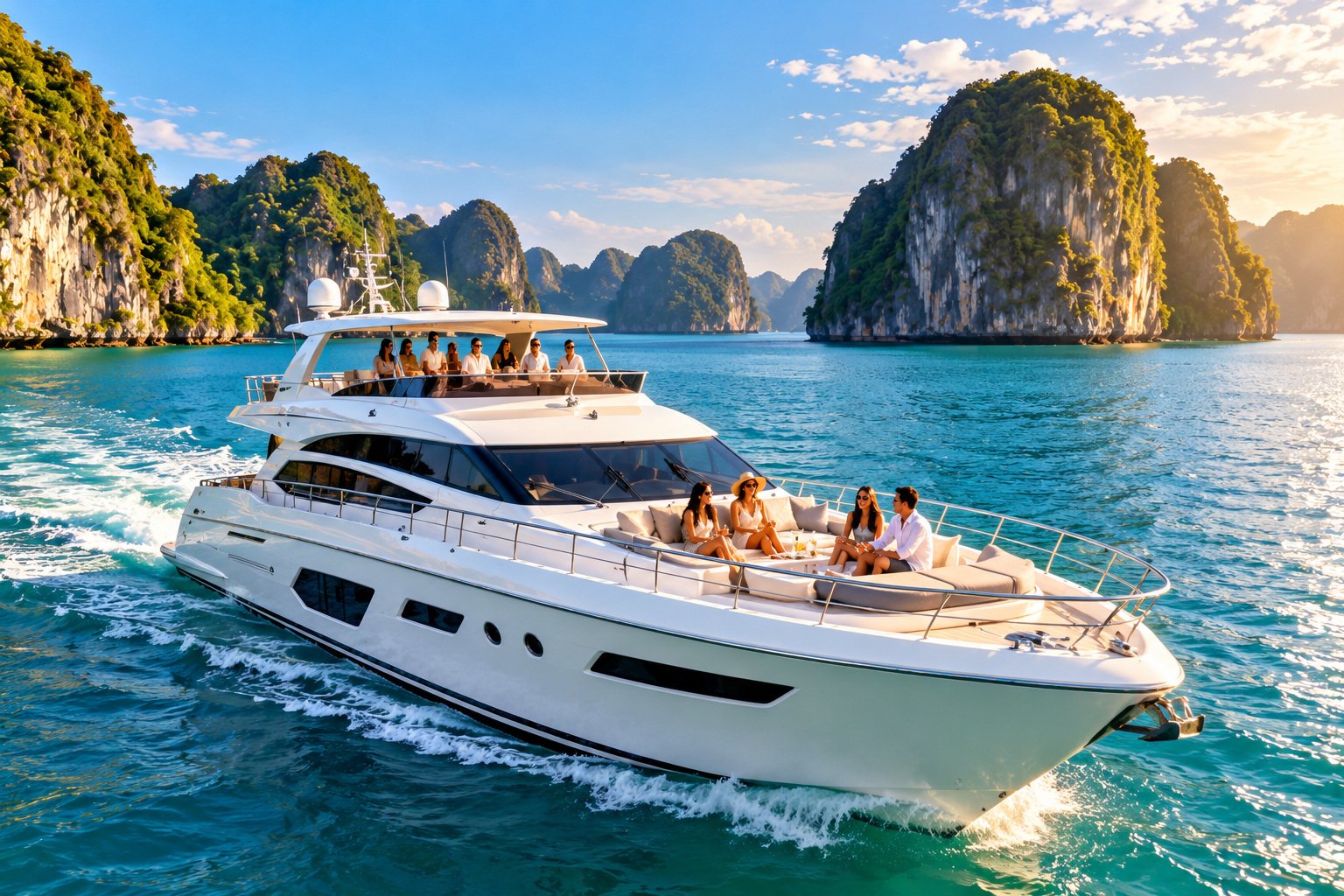 Luxury yacht cruising near tropical islands
