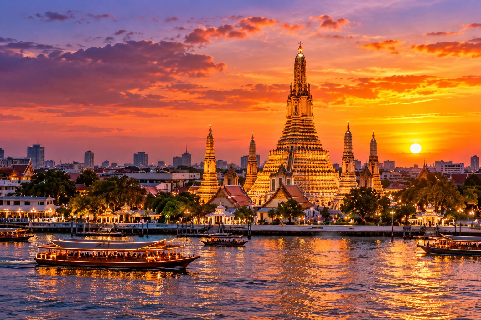 Bangkok temple spires at sunset
