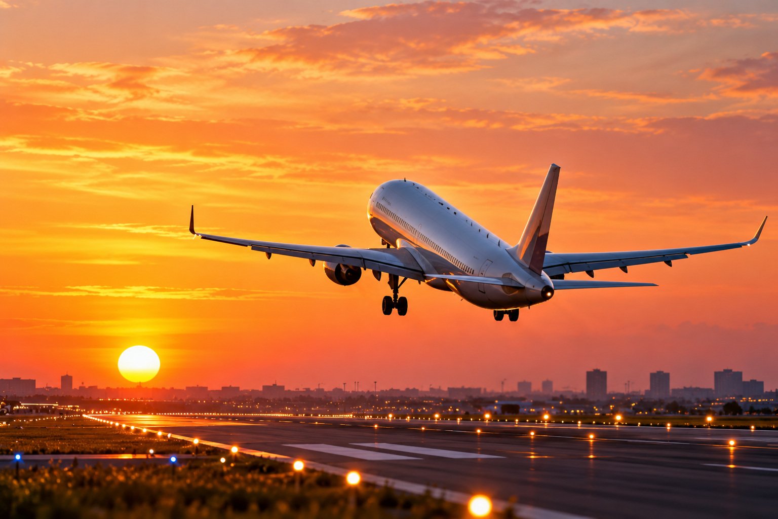 Aircraft taking off at golden hour