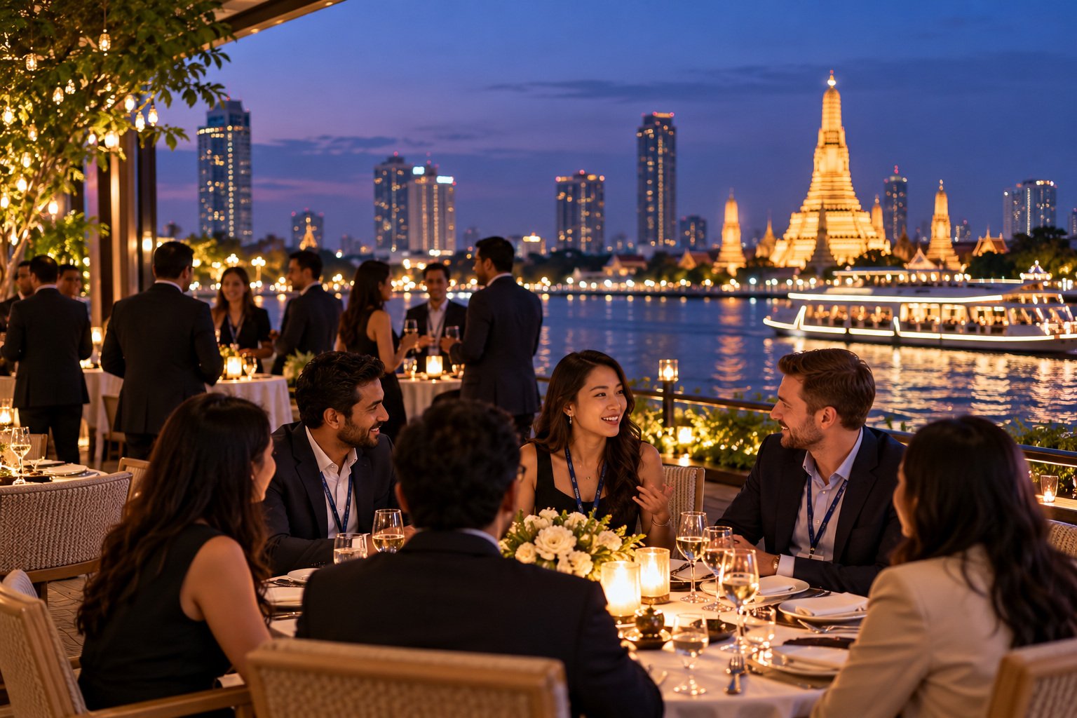 Bangkok riverside skyline at dusk